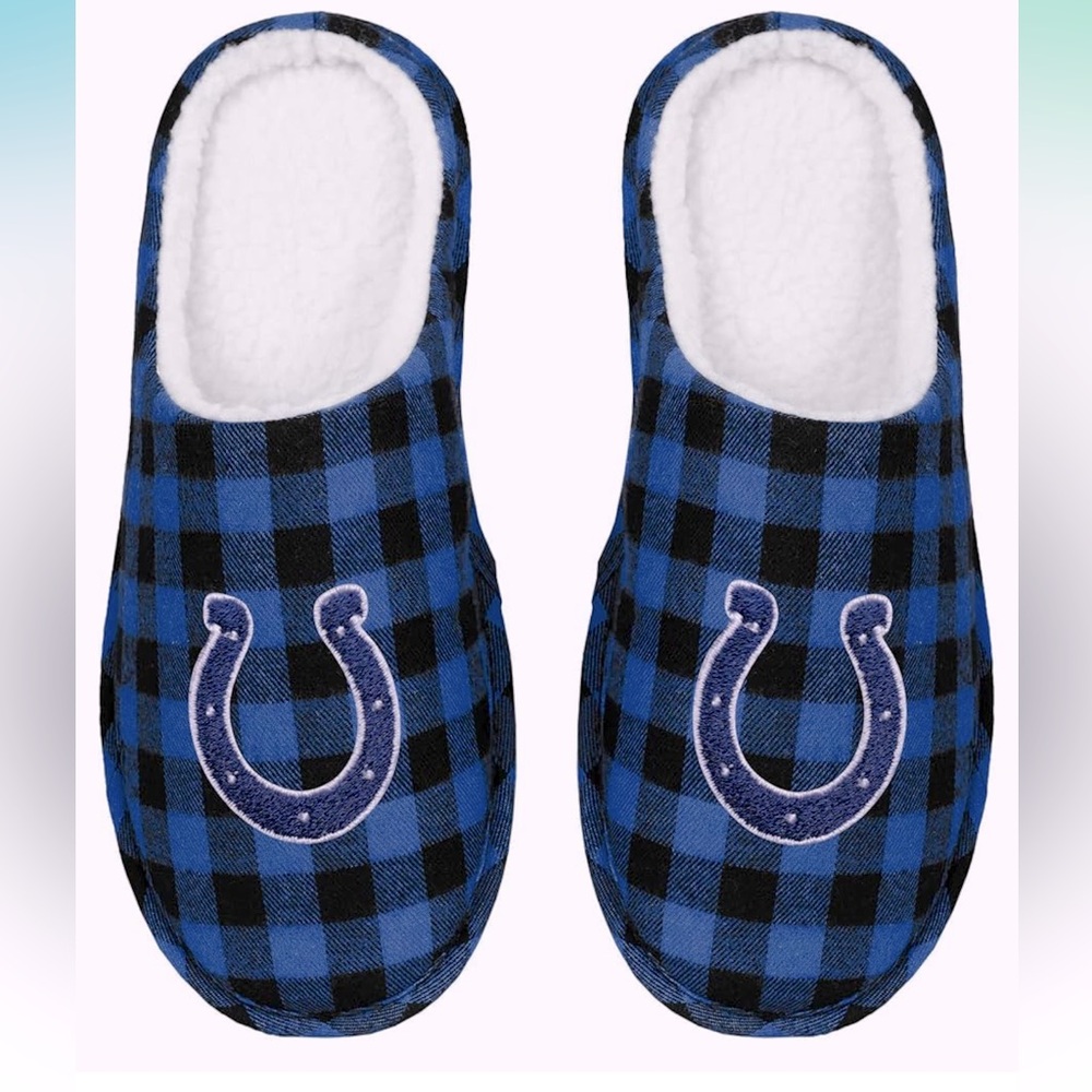 NWT Indianapolis Colts NFL Sherpa Slide Slippers Buffalo Check Mens Sz Small 7-8